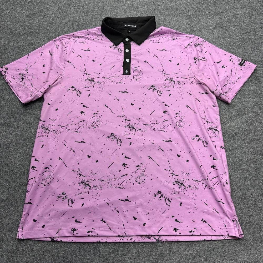 Byrdgang Mens XL Pink Black Paint Splatter Performance Golf Polo Shirt Stretch